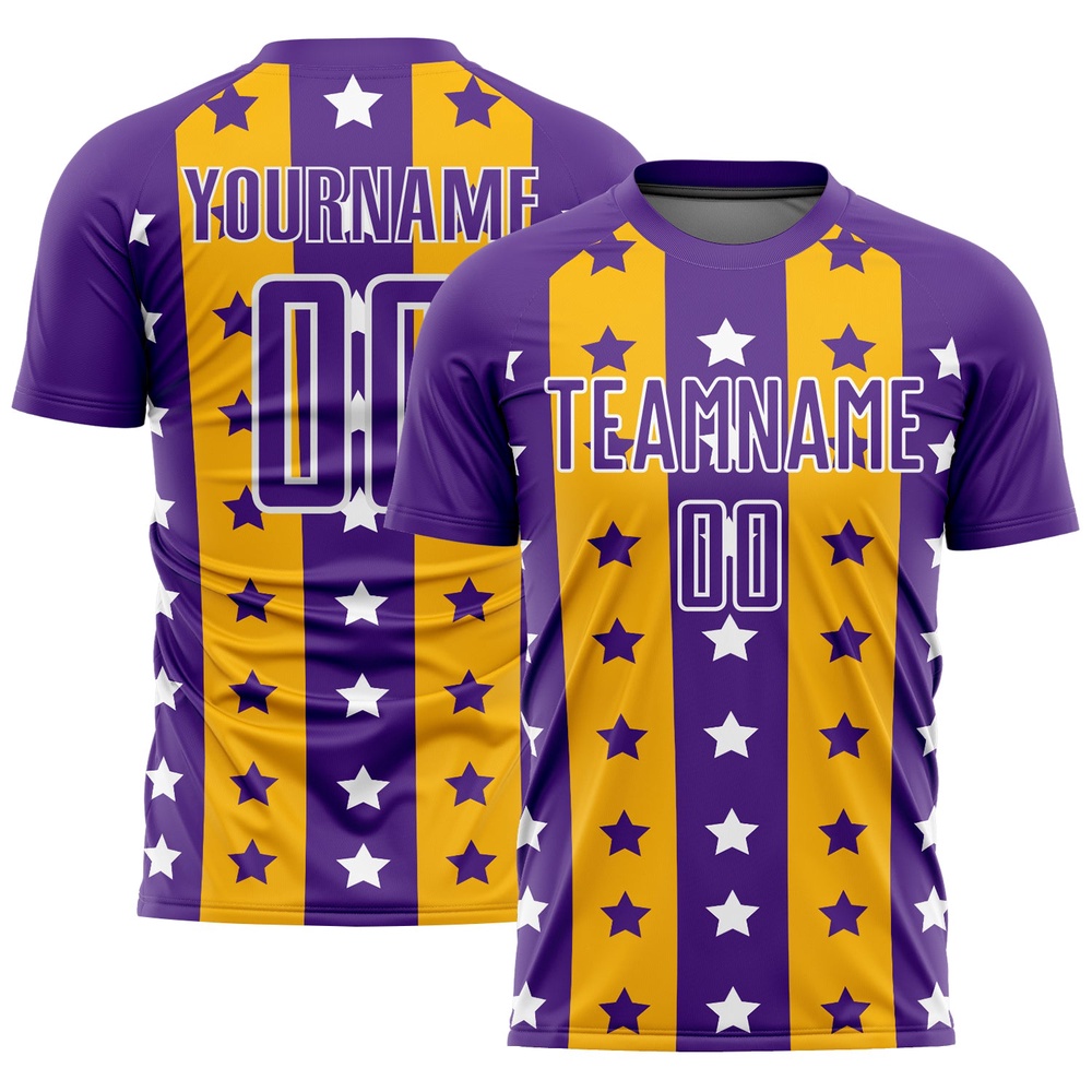 Purple Gold White Stars And Stripes Sublimation Soccer Uniform Jersey, Custom Team Soccer Jersey Shirt