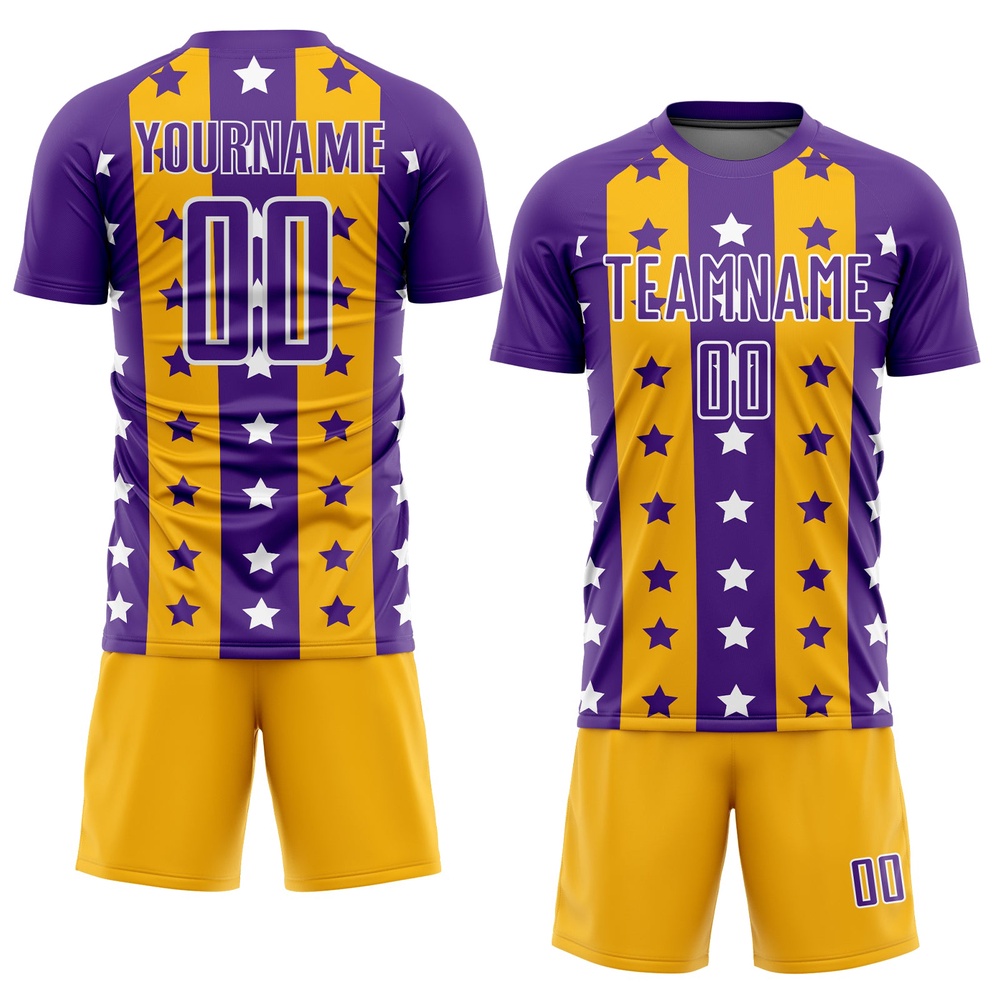Purple Gold White Stars And Stripes Sublimation Soccer Uniform Jersey, Custom Team Soccer Jersey Shirt