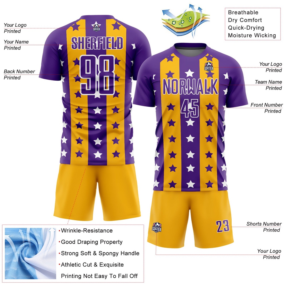 Purple Gold White Stars And Stripes Sublimation Soccer Uniform Jersey, Custom Team Soccer Jersey Shirt
