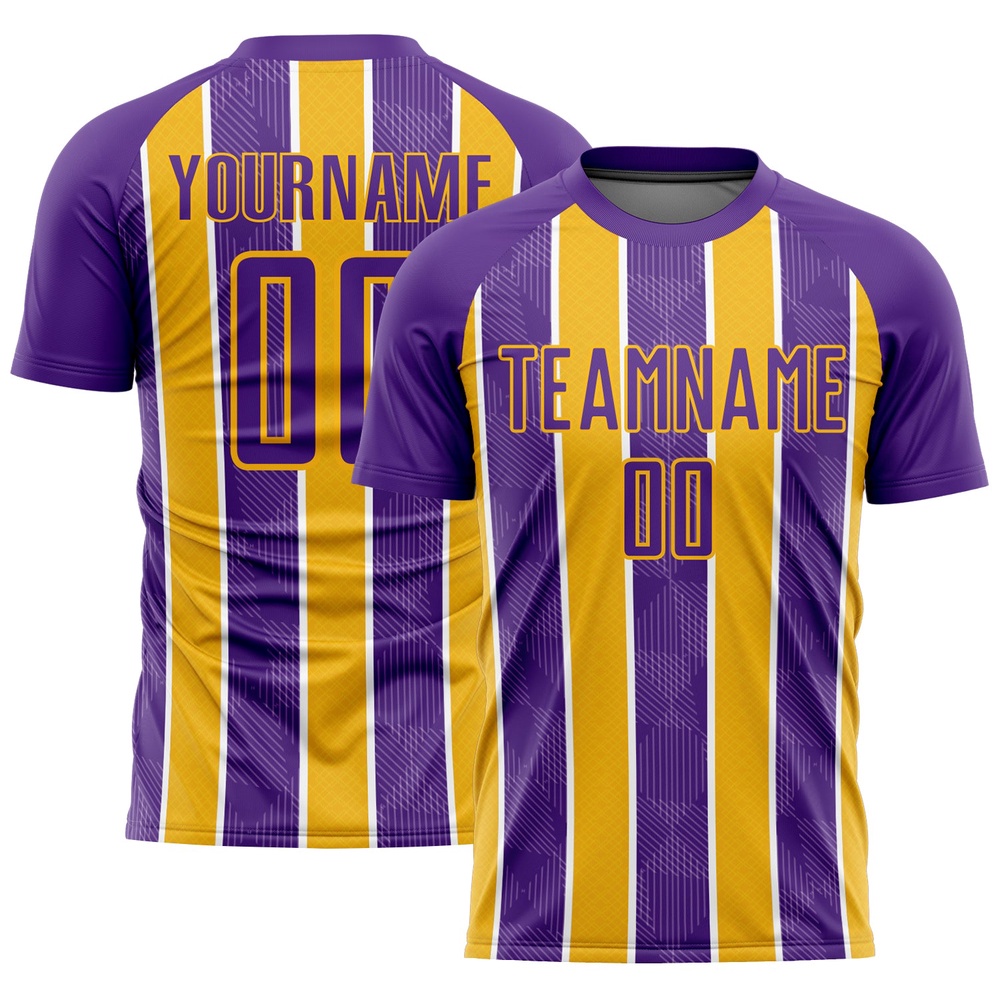 Purple Gold White Stripes Sublimation Soccer Uniform Jersey, Custom Team Soccer Jersey Shirt