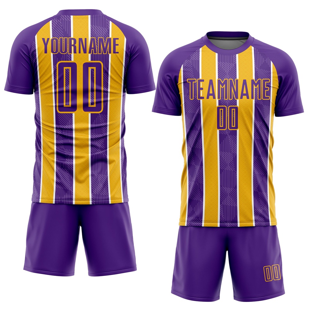 Purple Gold White Stripes Sublimation Soccer Uniform Jersey, Custom Team Soccer Jersey Shirt