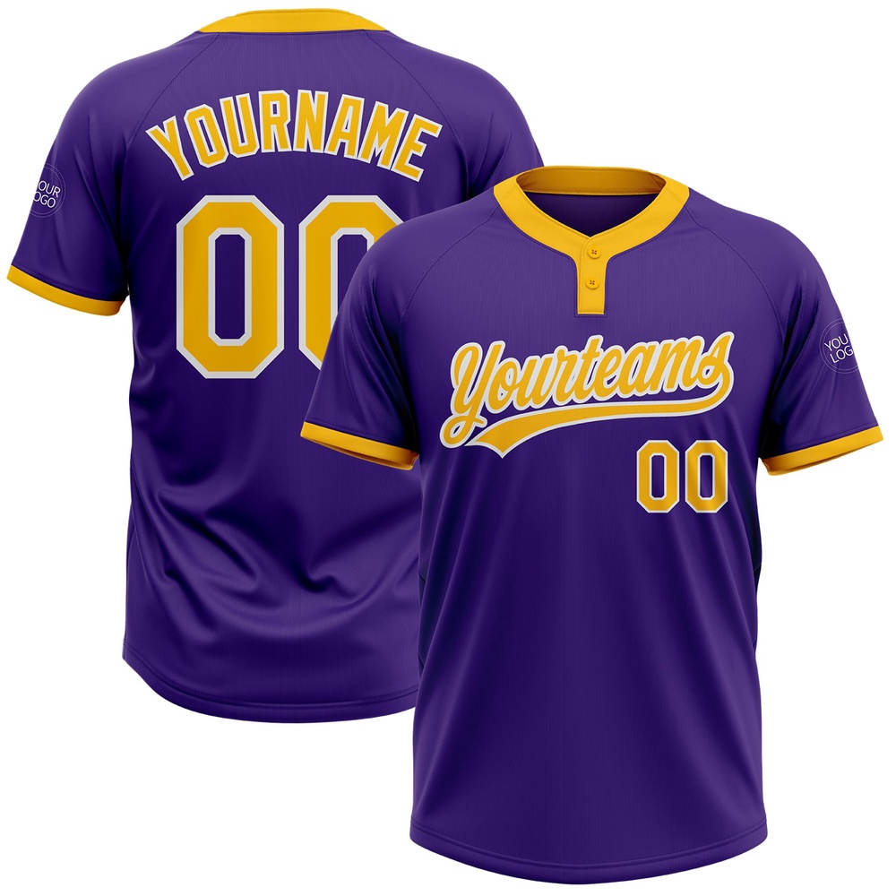 Purple Gold White Two Button Unisex Softball Jersey, Custom Team Softball Jersey