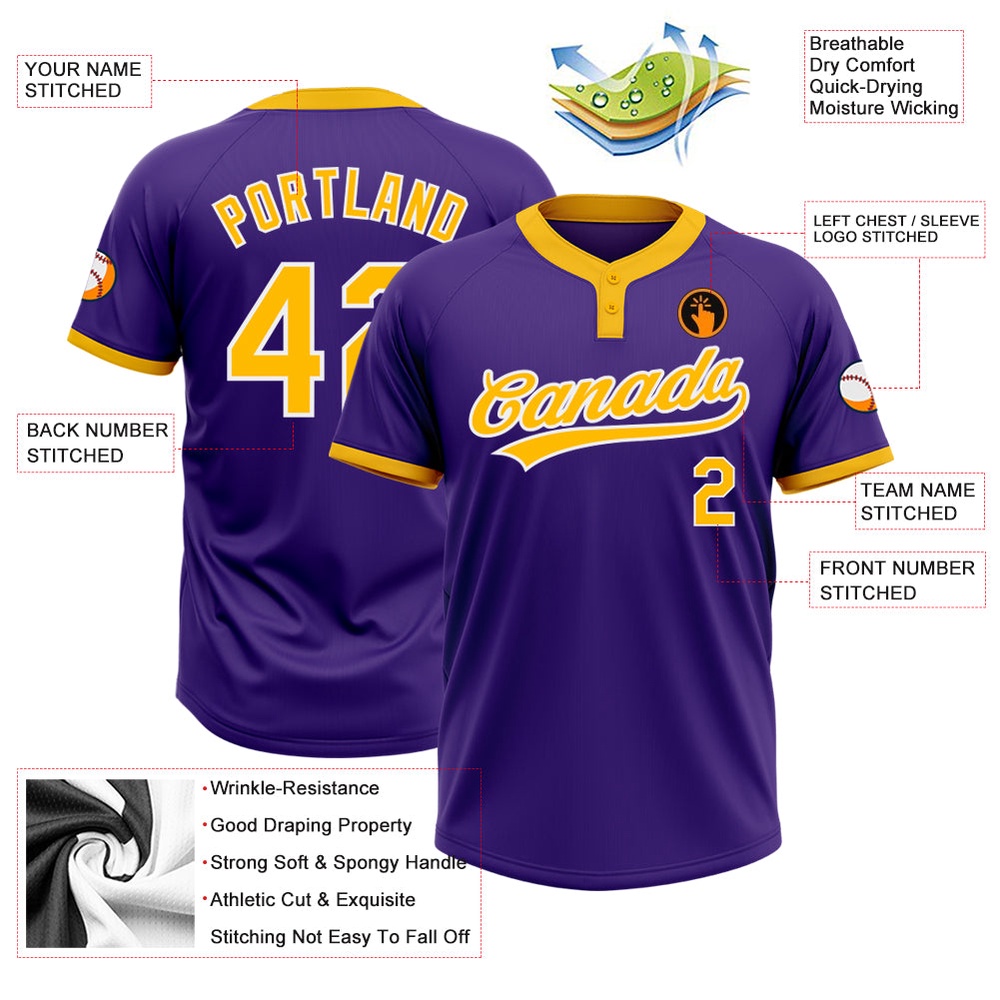 Purple Gold White Two Button Unisex Softball Jersey, Custom Team Softball Jersey