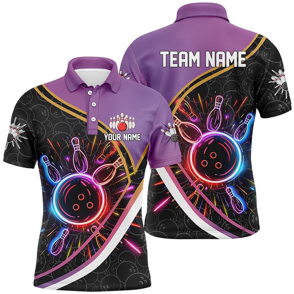 Purple Gradient Black Camo Bowling Shirts For Men Custom Colorful Neon Light Team Bowling Polo Shirt, Personalized Bowling Team Shirt