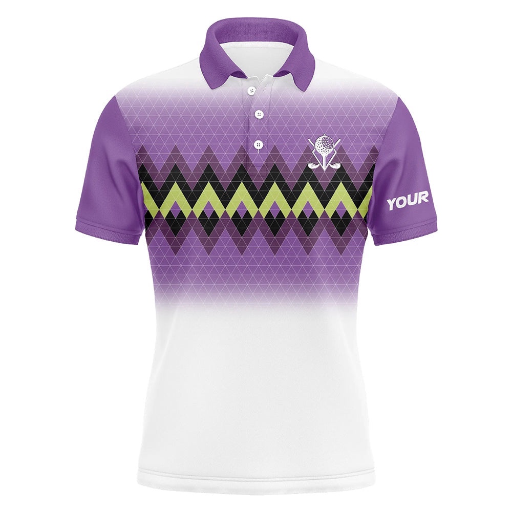 Purple Graphic Stripe Argyle Pattern Custom Men’s Personalized Men’s Golf Tops, Golf Polo Shirt, Golf Shirts