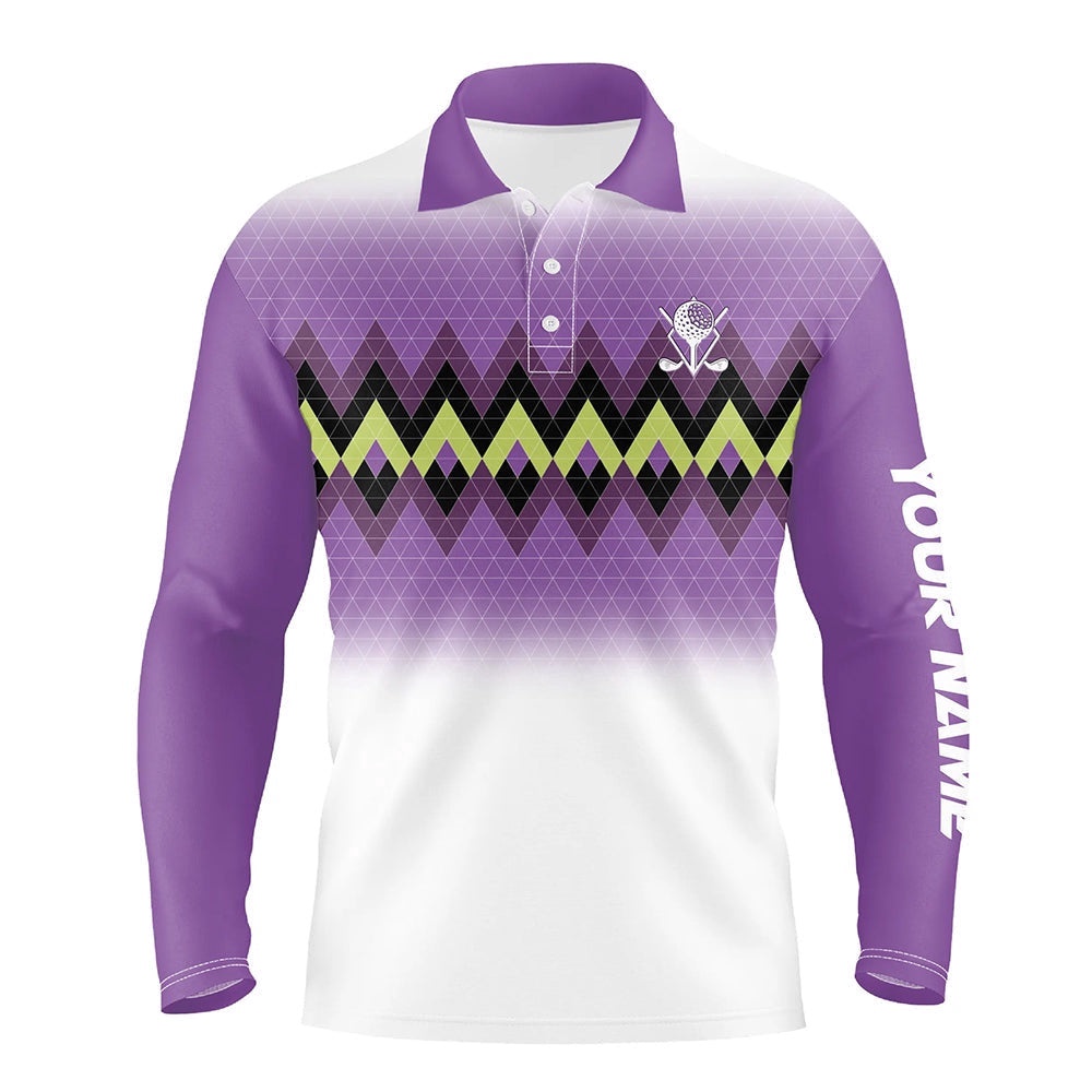 Purple Graphic Stripe Argyle Pattern Custom Men’s Personalized Men’s Golf Tops, Golf Polo Shirt, Golf Shirts