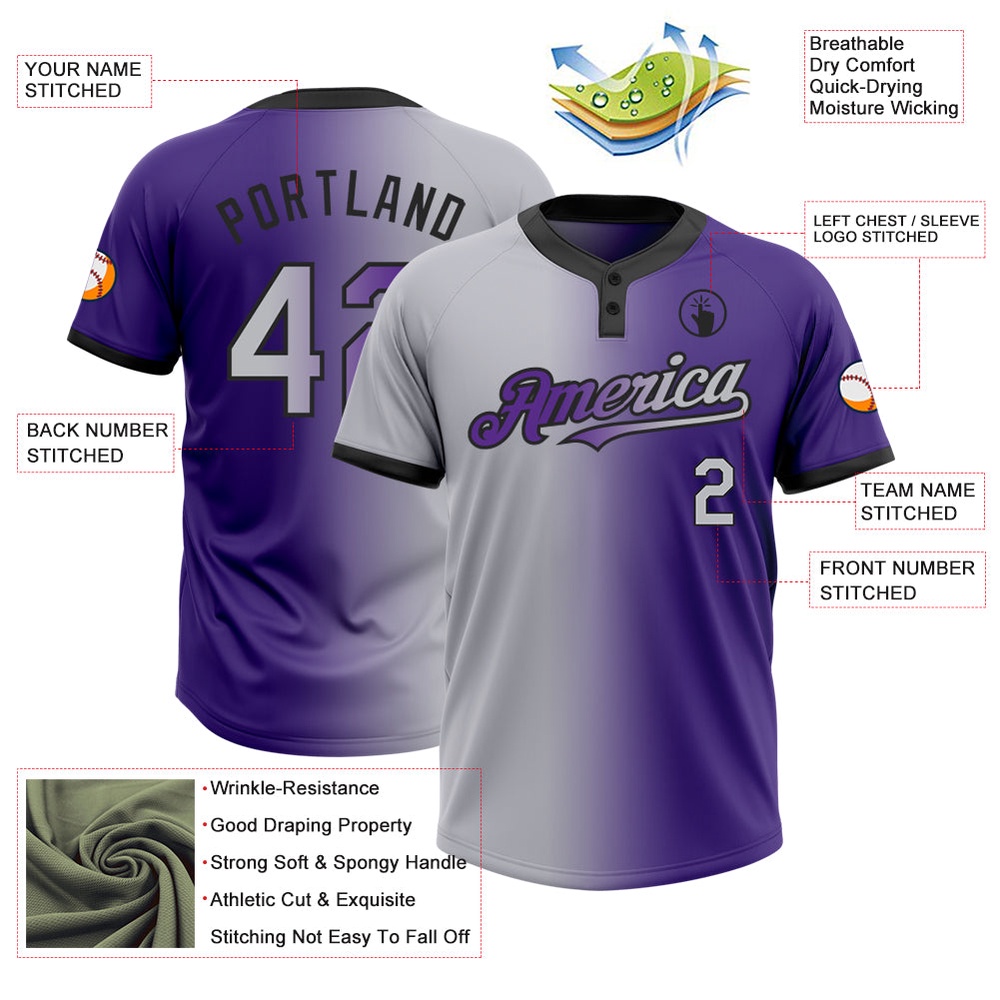 Purple Gray Black Gradient Fashion Two Button Unisex Softball Jersey, Custom Team Softball Jersey