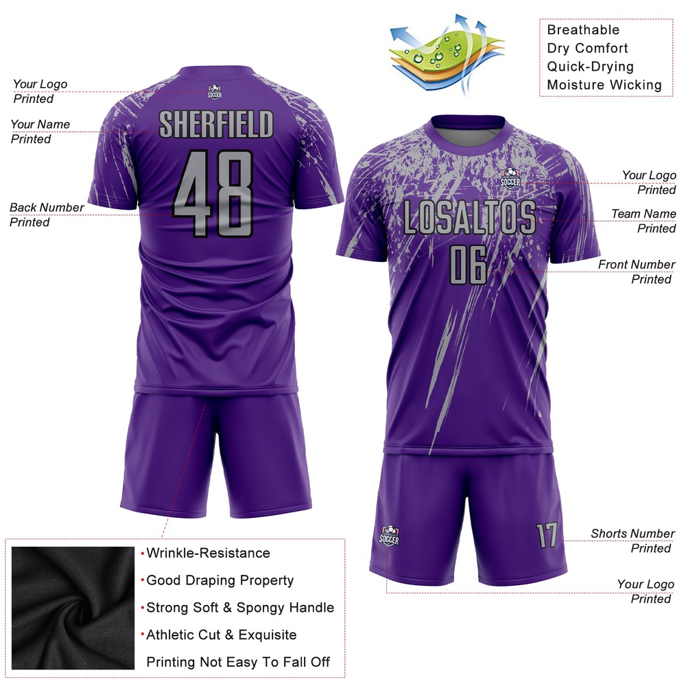 Purple Gray Black Sublimation Soccer Uniform Jersey, Custom Team Soccer Jersey Shirt
