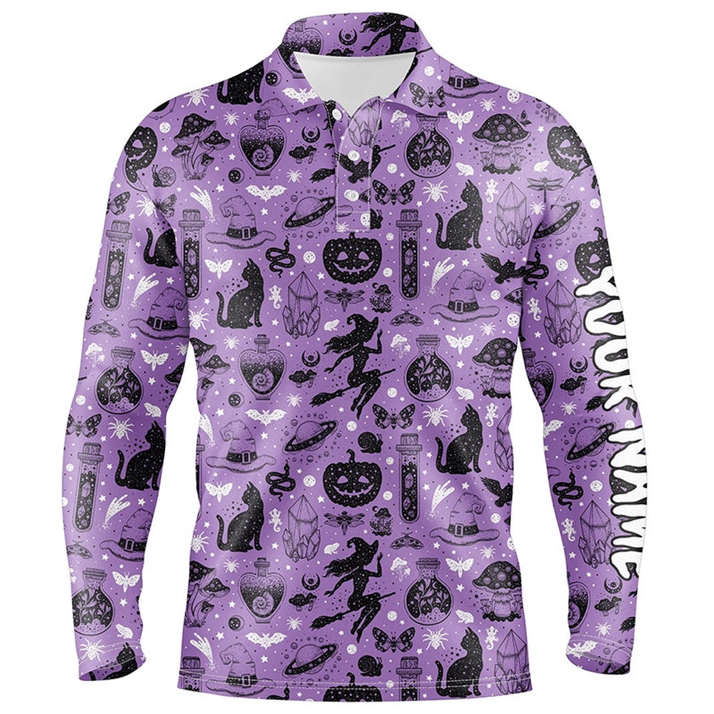 Purple Halloween Seamless With Pumpkin Cat Witch Funny Magic Halloween Golf Shirts For Men, Golf Polo Shirt, Golf Shirts