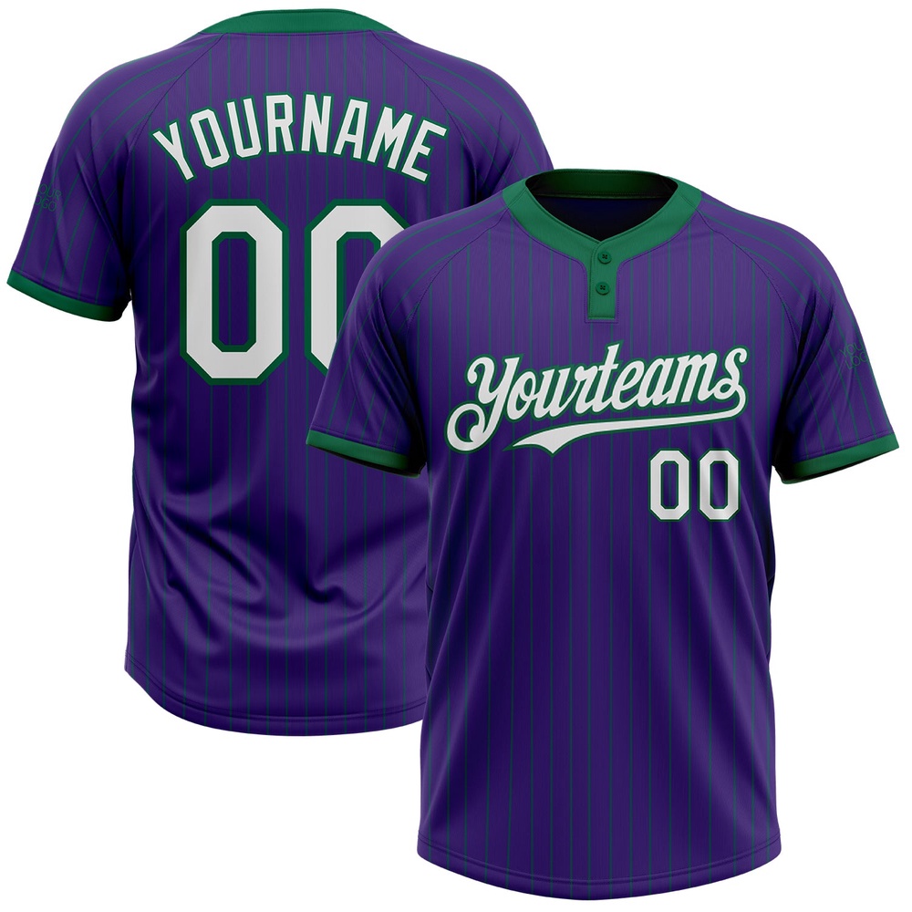 Purple Kelly Green Pinstripe White Two Button Unisex Softball Jersey, Custom Team Softball Jersey