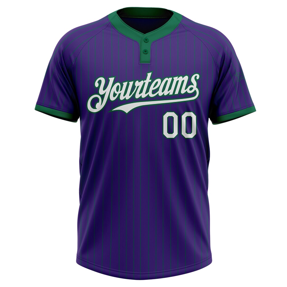 Purple Kelly Green Pinstripe White Two Button Unisex Softball Jersey, Custom Team Softball Jersey