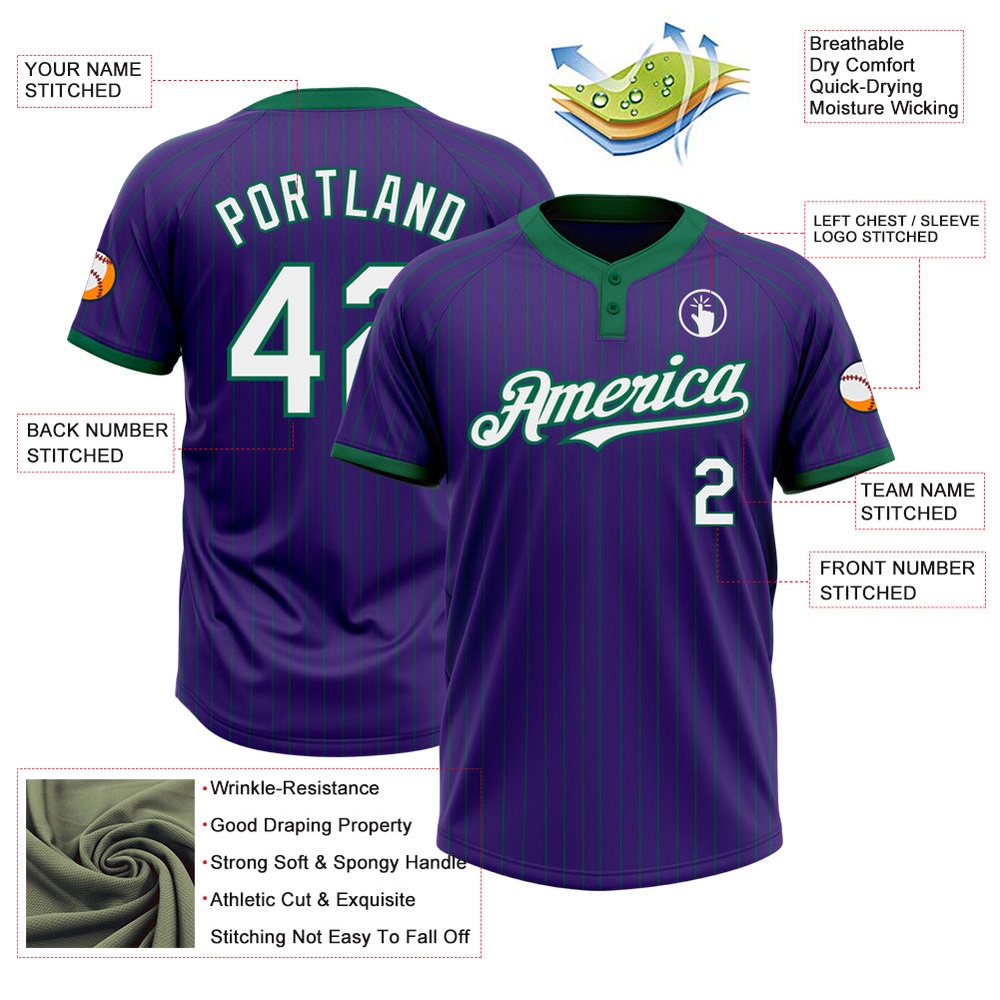 Purple Kelly Green Pinstripe White Two Button Unisex Softball Jersey, Custom Team Softball Jersey