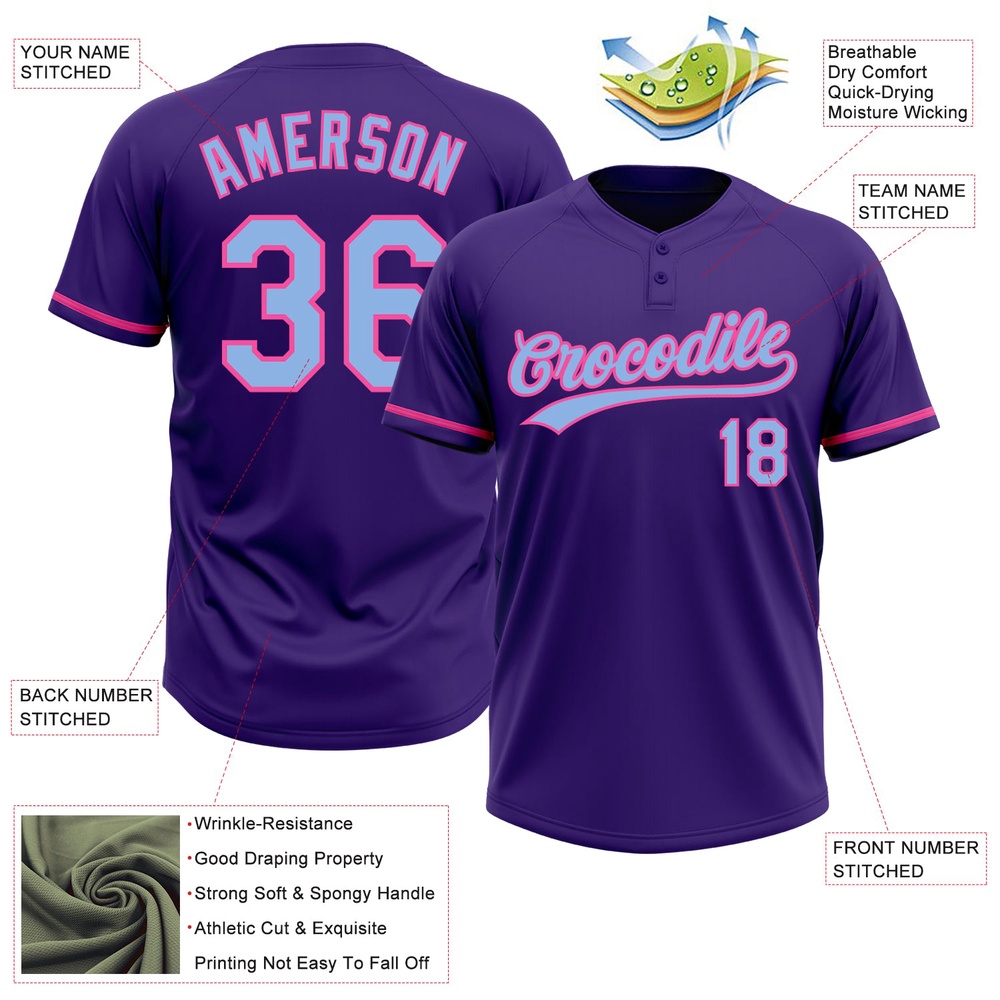 Purple Light Blue Pink Two Button Unisex Softball Jersey, Custom Team Softball Jersey