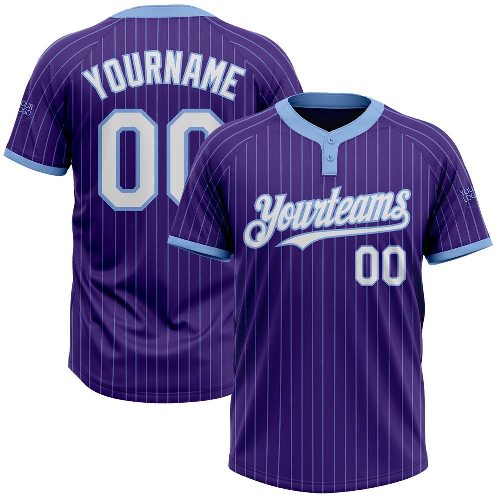 Purple Light Blue Pinstripe White Two Button Unisex Softball Jersey, Custom Team Softball Jersey