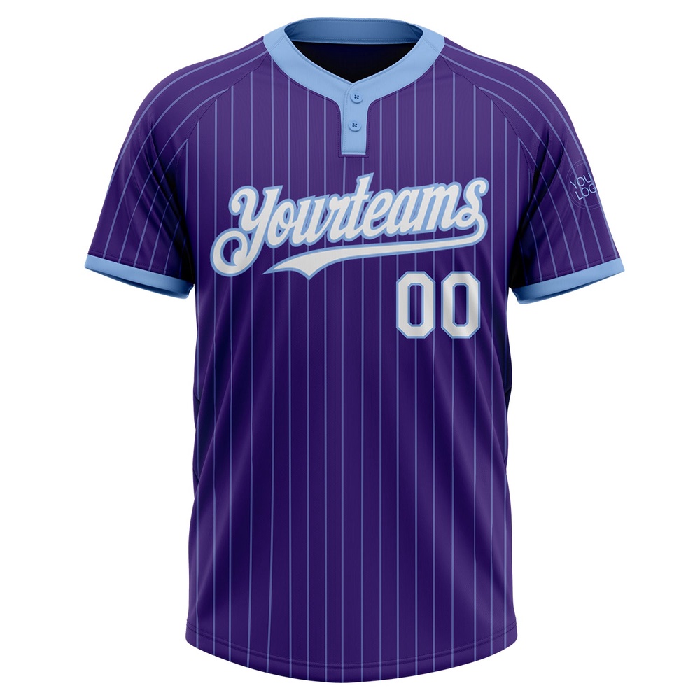Purple Light Blue Pinstripe White Two Button Unisex Softball Jersey, Custom Team Softball Jersey