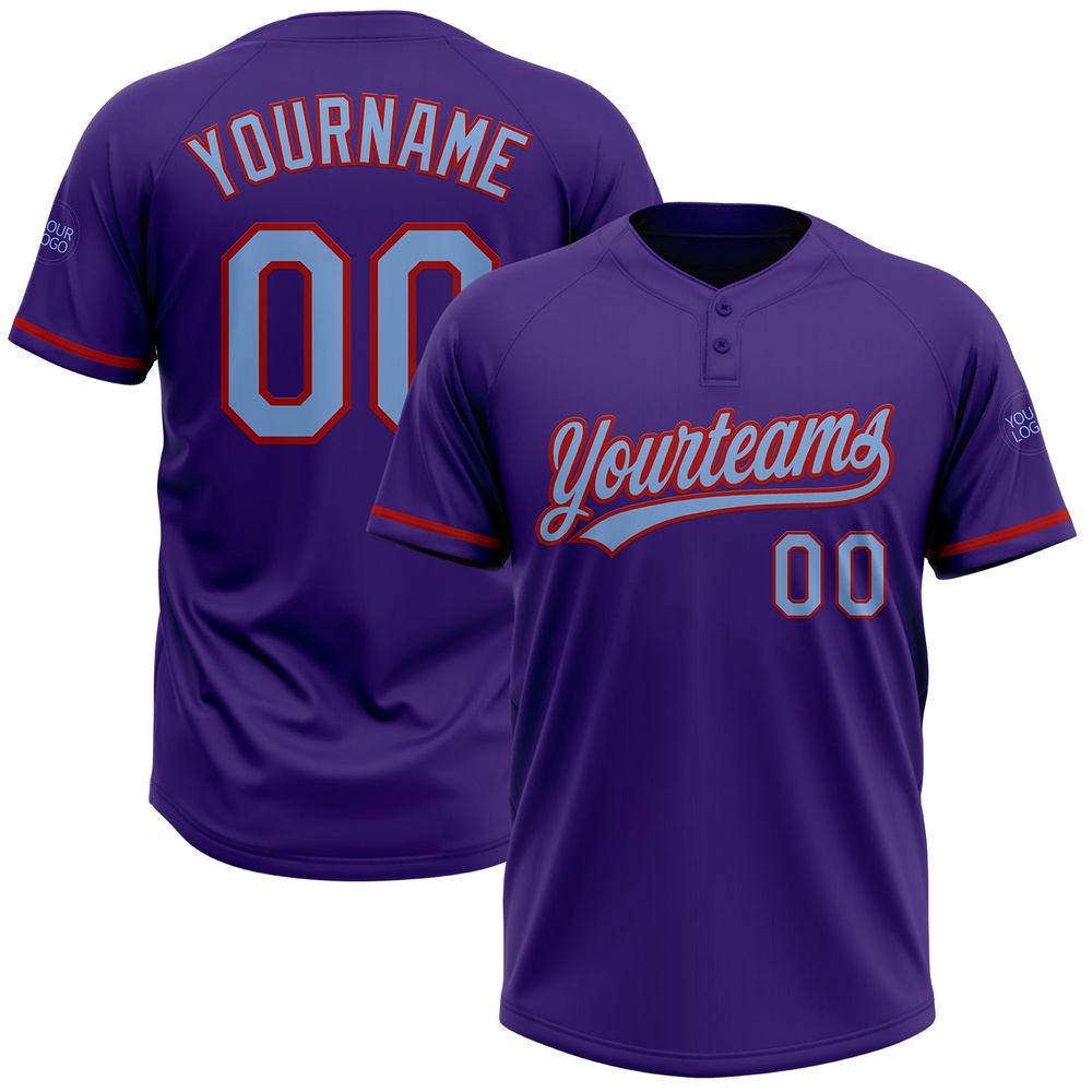 Purple Light Blue Red Two Button Unisex Softball Jersey, Custom Team Softball Jersey
