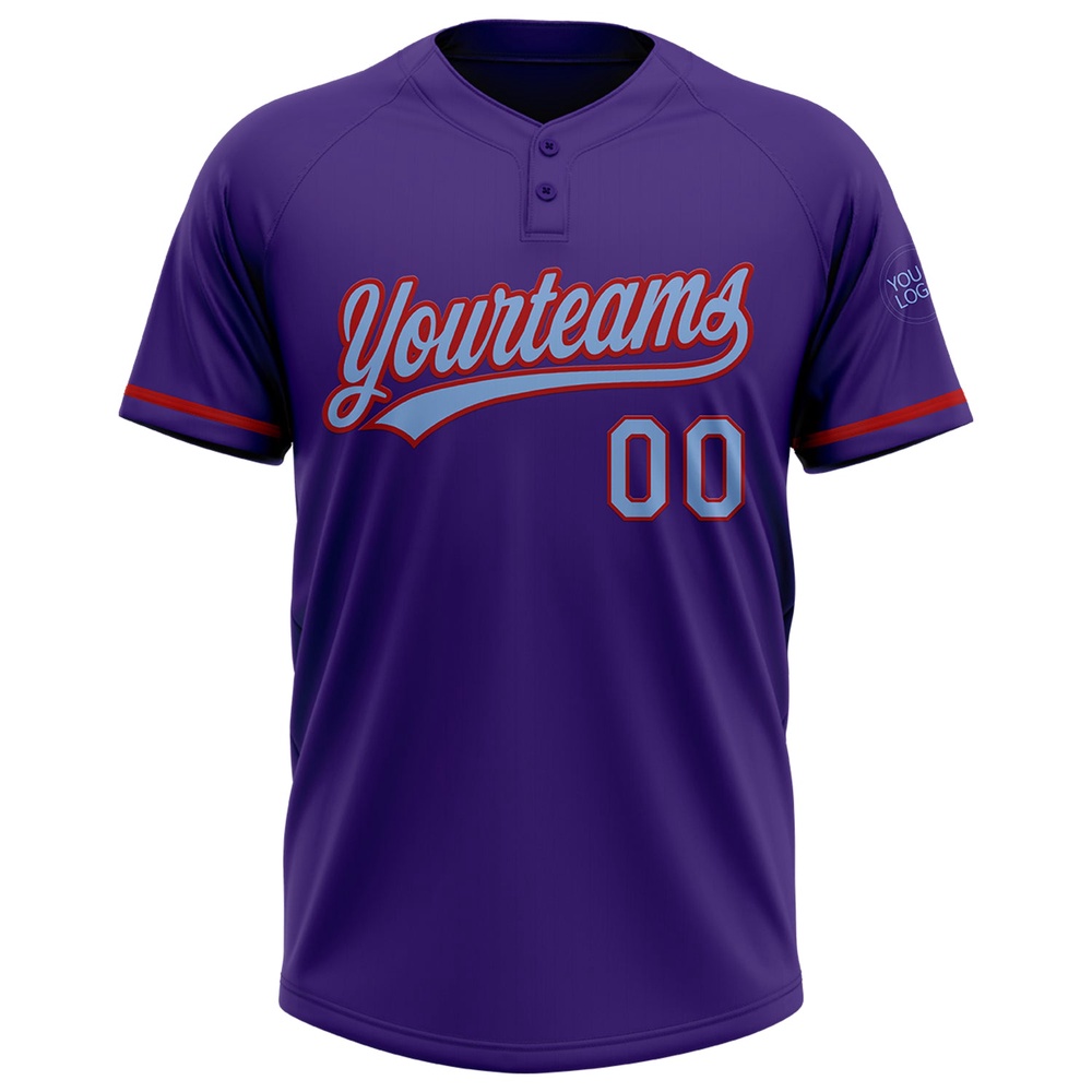 Purple Light Blue Red Two Button Unisex Softball Jersey, Custom Team Softball Jersey