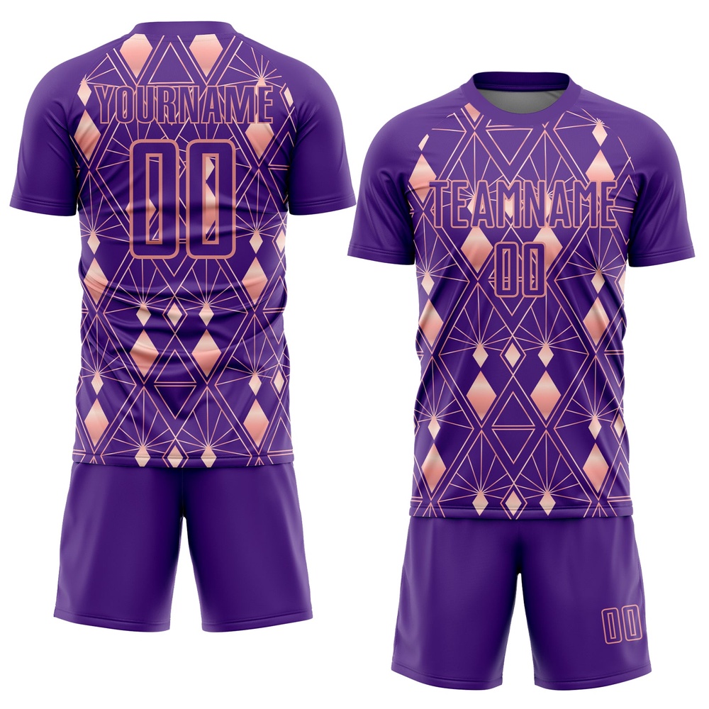 Purple Light Pink Geometric Shapes Sublimation Soccer Uniform Jersey, Custom Team Soccer Jersey Shirt
