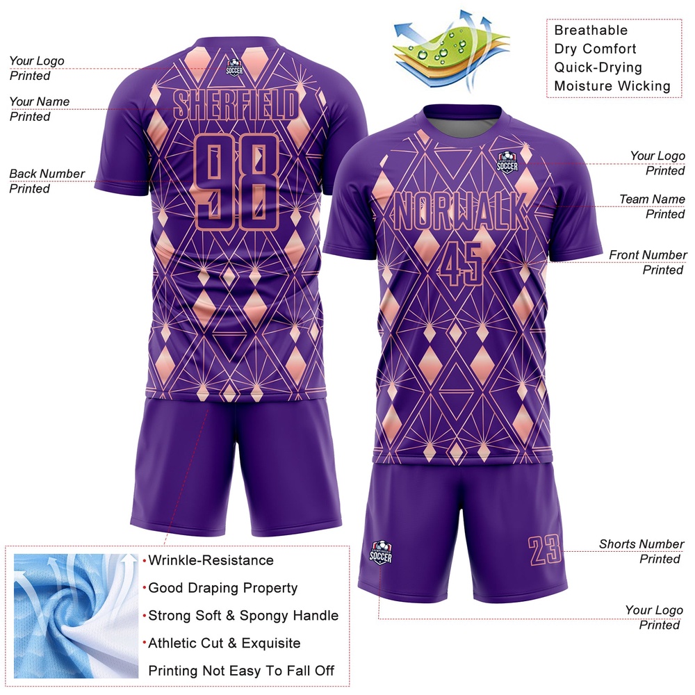 Purple Light Pink Geometric Shapes Sublimation Soccer Uniform Jersey, Custom Team Soccer Jersey Shirt