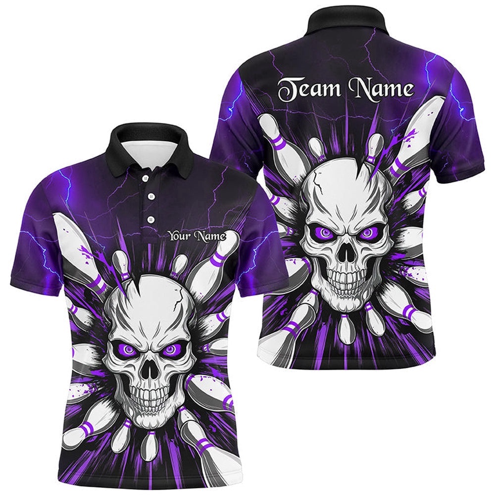 Purple Lightning Thunder Custom Skull Bowling Shirt For Men, Halloween Bowling Team Polo Shirt, Personalized Bowling Team Shirt