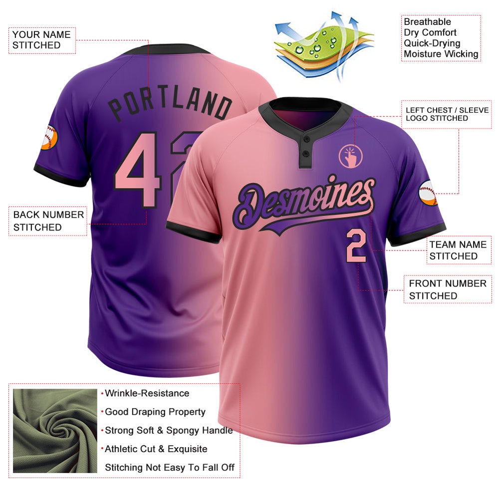 Purple Medium Pink Black Gradient Fashion Two Button Unisex Softball Jersey, Custom Team Softball Jersey