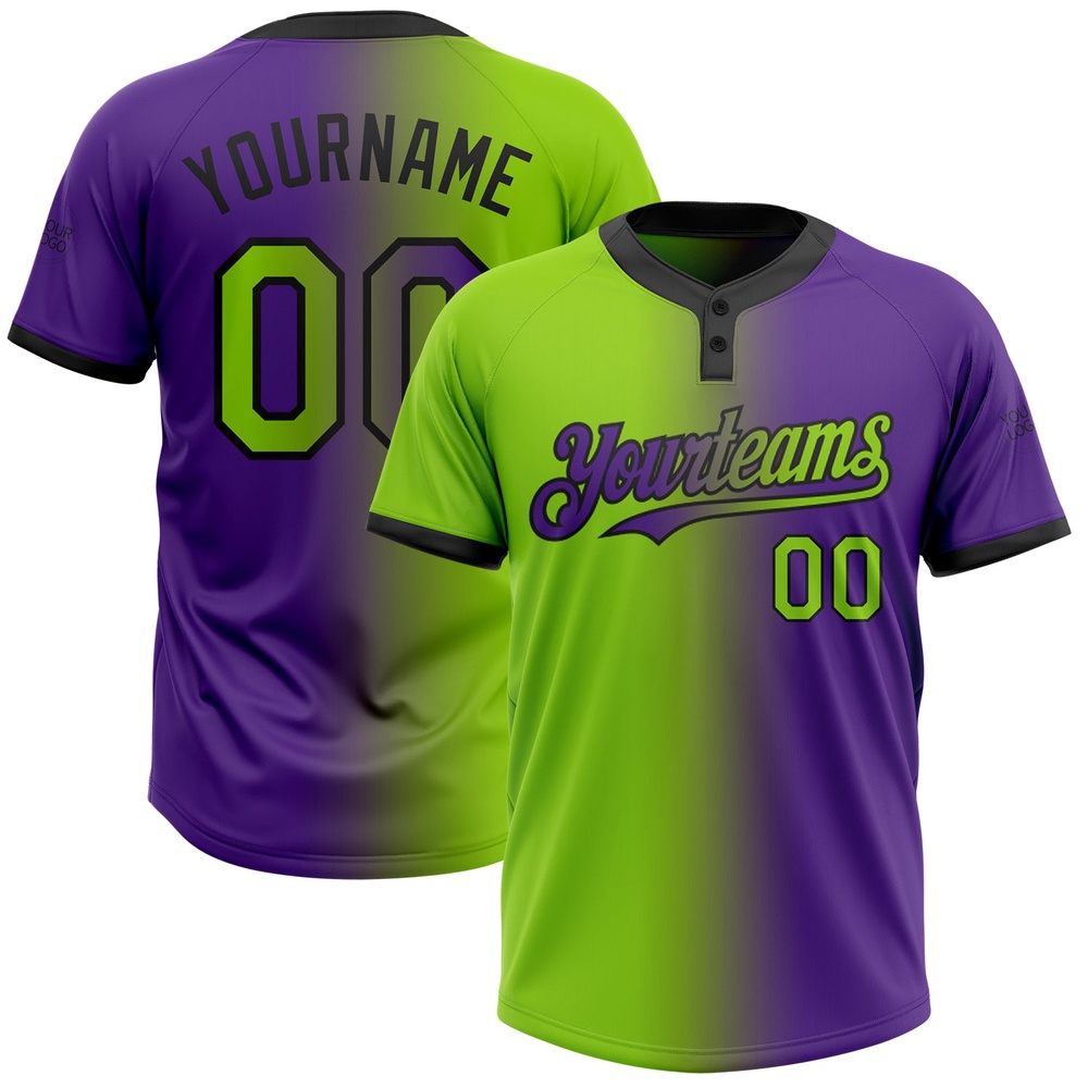 Purple Neon Green Black Gradient Fashion Two Button Unisex Softball Jersey, Custom Team Softball Jersey