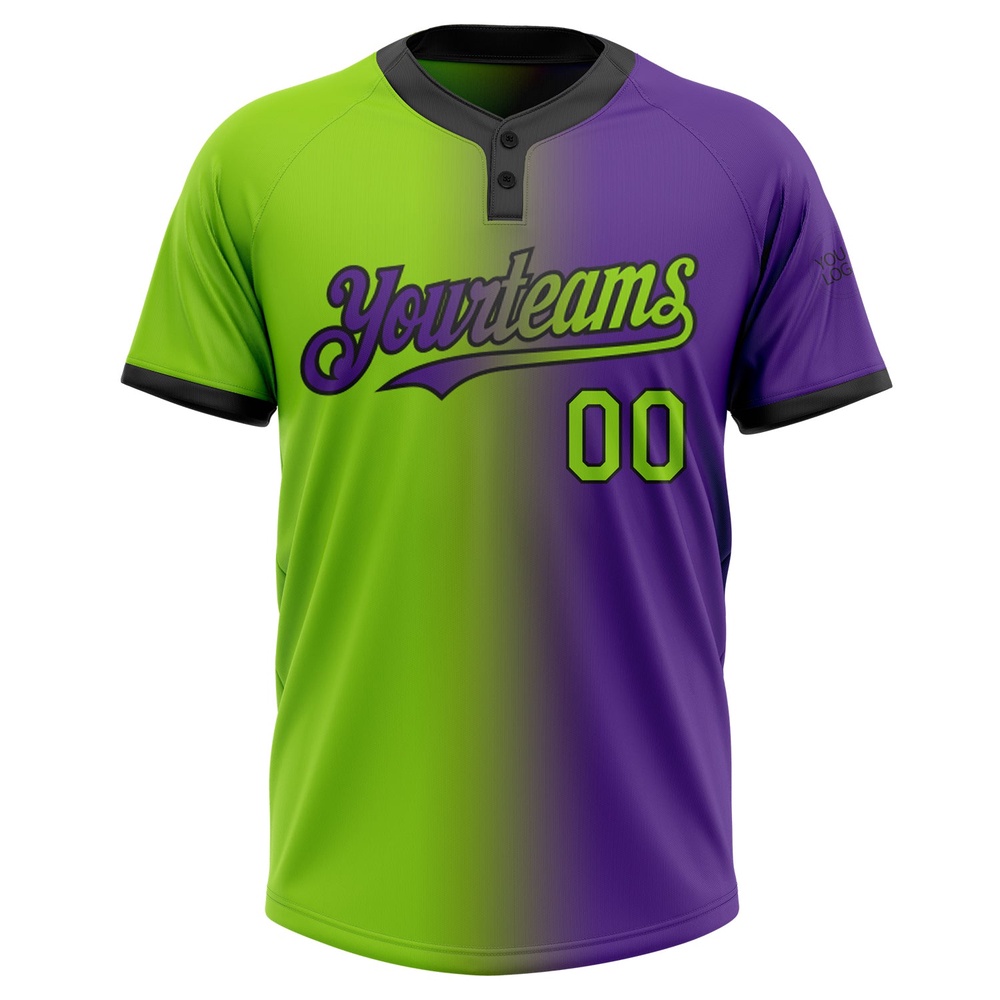 Purple Neon Green Black Gradient Fashion Two Button Unisex Softball Jersey, Custom Team Softball Jersey