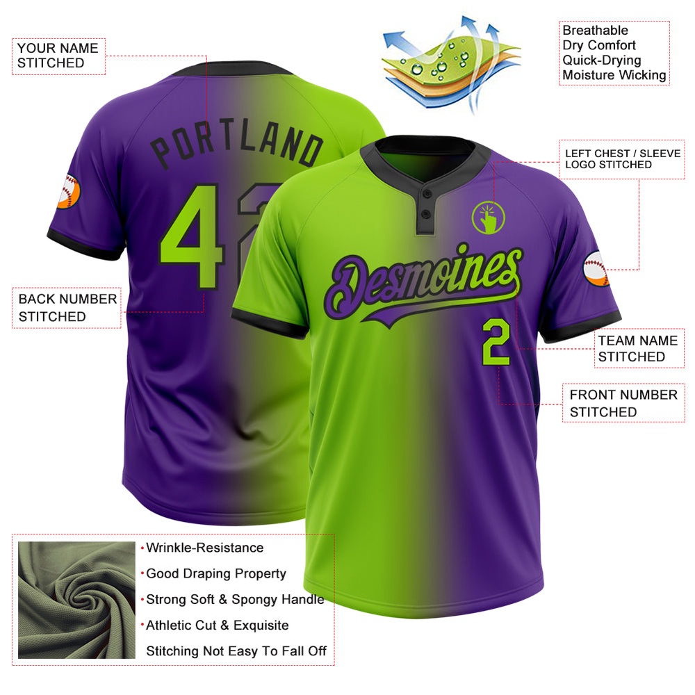 Purple Neon Green Black Gradient Fashion Two Button Unisex Softball Jersey, Custom Team Softball Jersey