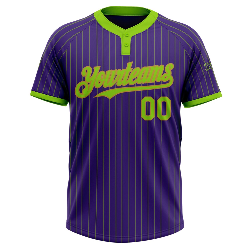 Purple Neon Green Pinstripe Old Gold Two Button Unisex Softball Jersey, Custom Team Softball Jersey