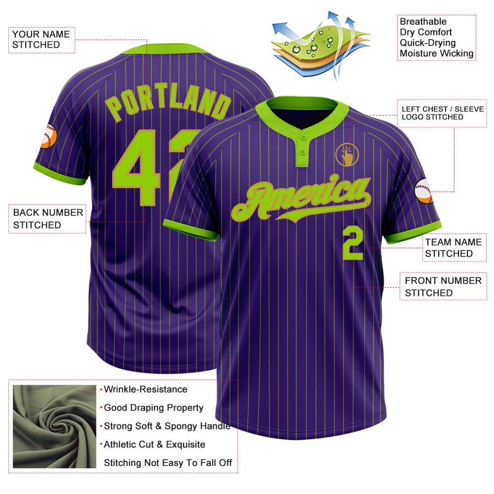Purple Neon Green Pinstripe Old Gold Two Button Unisex Softball Jersey, Custom Team Softball Jersey