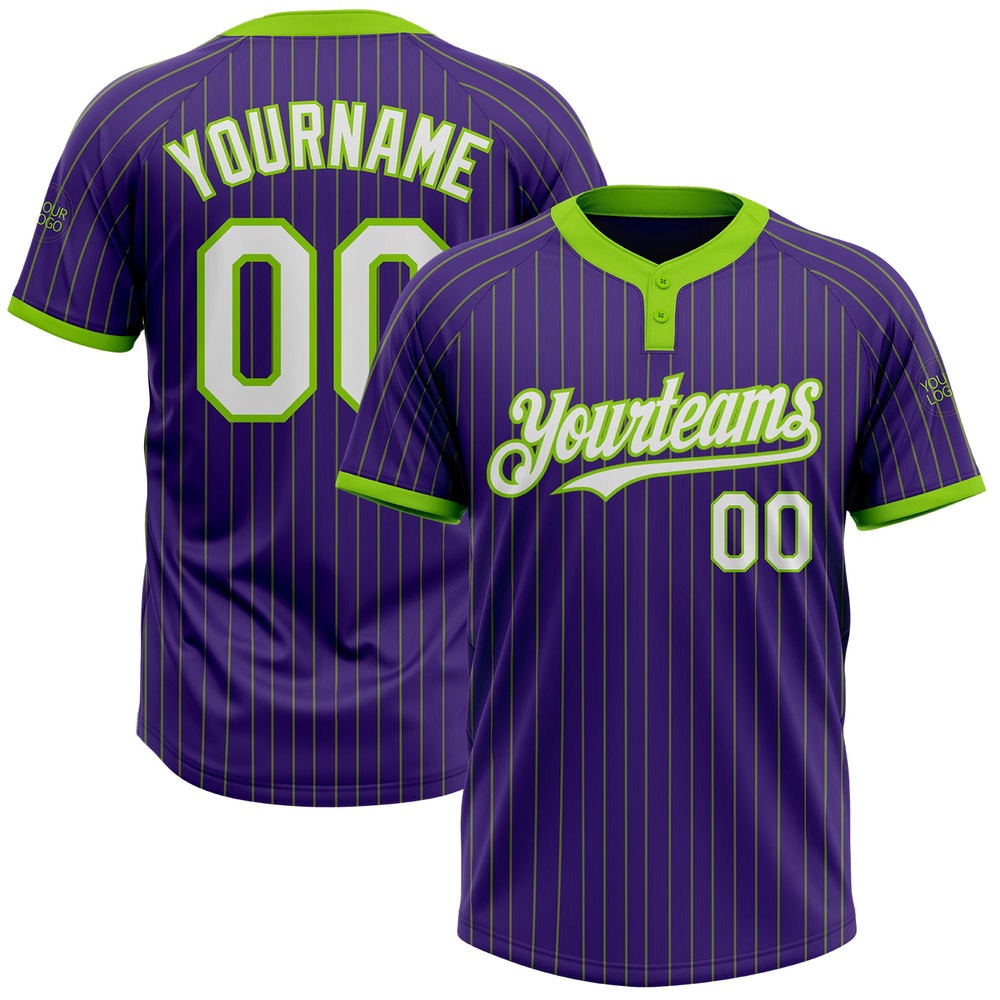 Purple Neon Green Pinstripe White Two Button Unisex Softball Jersey, Custom Team Softball Jersey