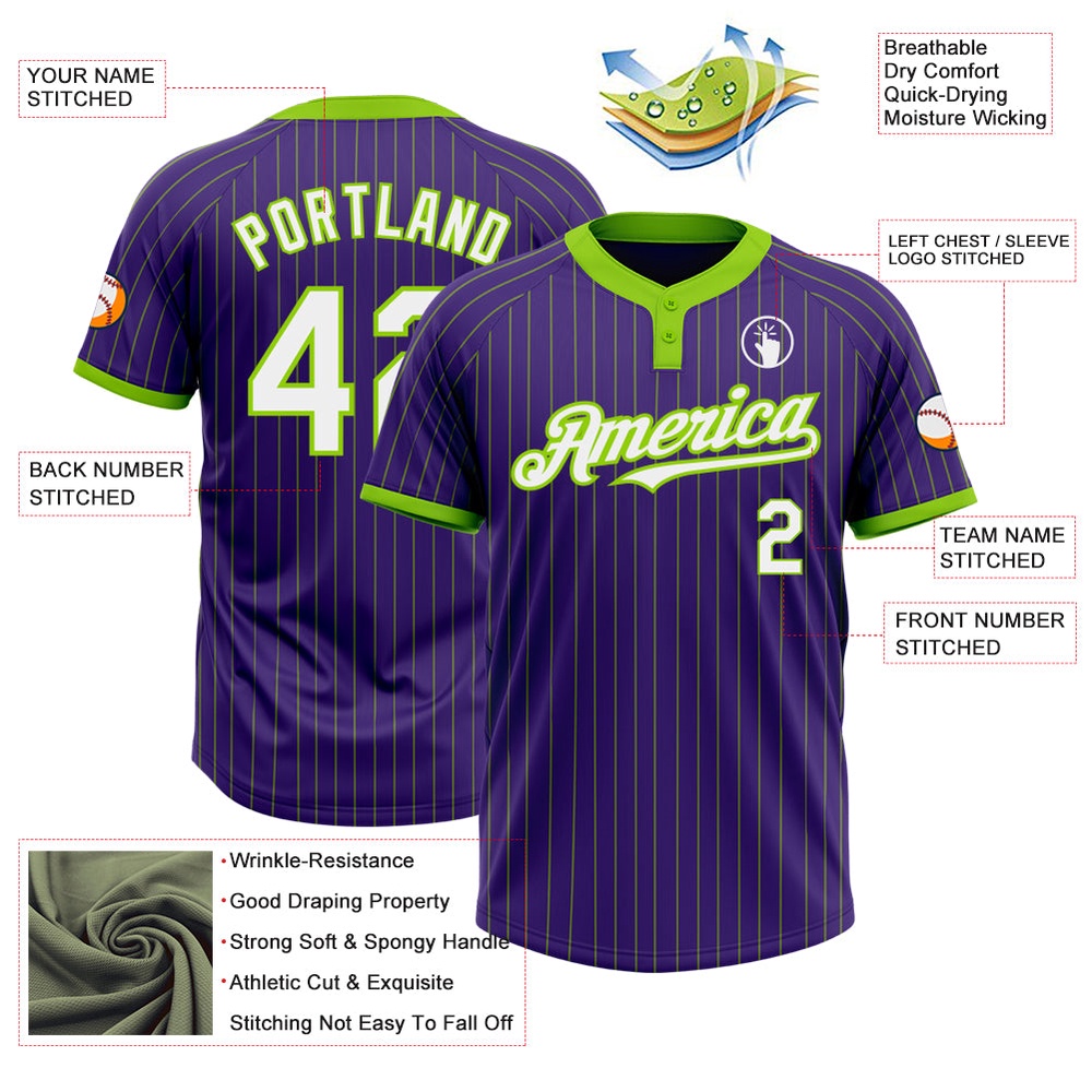 Purple Neon Green Pinstripe White Two Button Unisex Softball Jersey, Custom Team Softball Jersey