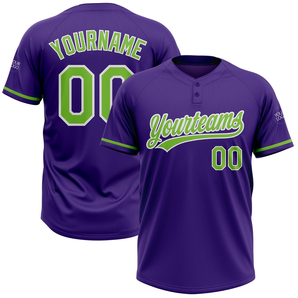 Purple Neon Green White Two Button Unisex Softball Jersey, Custom Team Softball Jersey