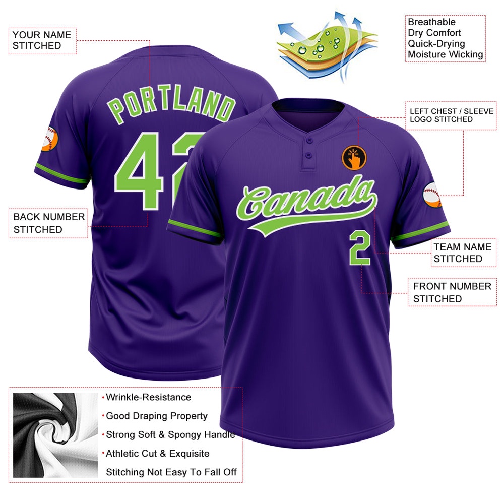 Purple Neon Green White Two Button Unisex Softball Jersey, Custom Team Softball Jersey