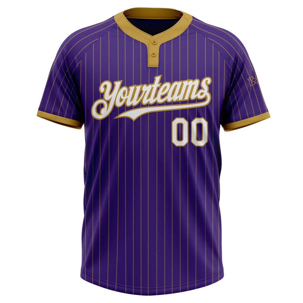 Purple Old Gold Pinstripe White Two Button Unisex Softball Jersey, Custom Team Softball Jersey