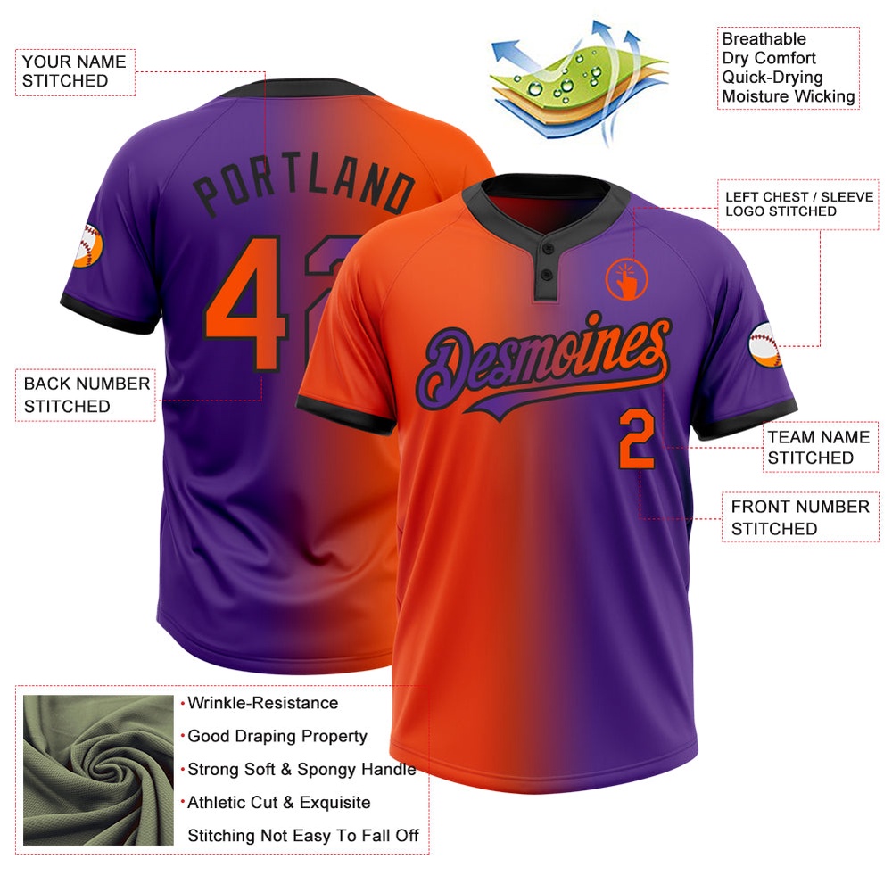 Purple Orange Black Gradient Fashion Two Button Unisex Softball Jersey, Custom Team Softball Jersey