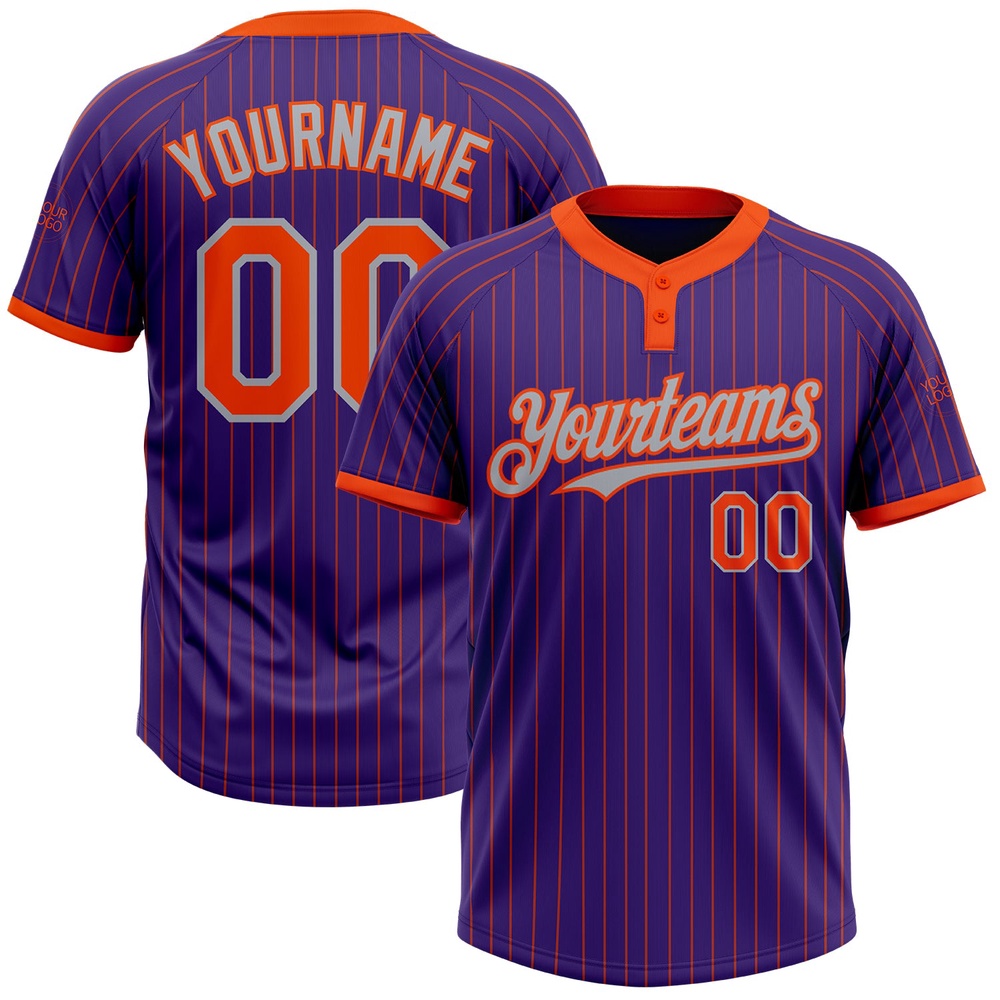 Purple Orange Pinstripe Gray Two Button Unisex Softball Jersey, Custom Team Softball Jersey