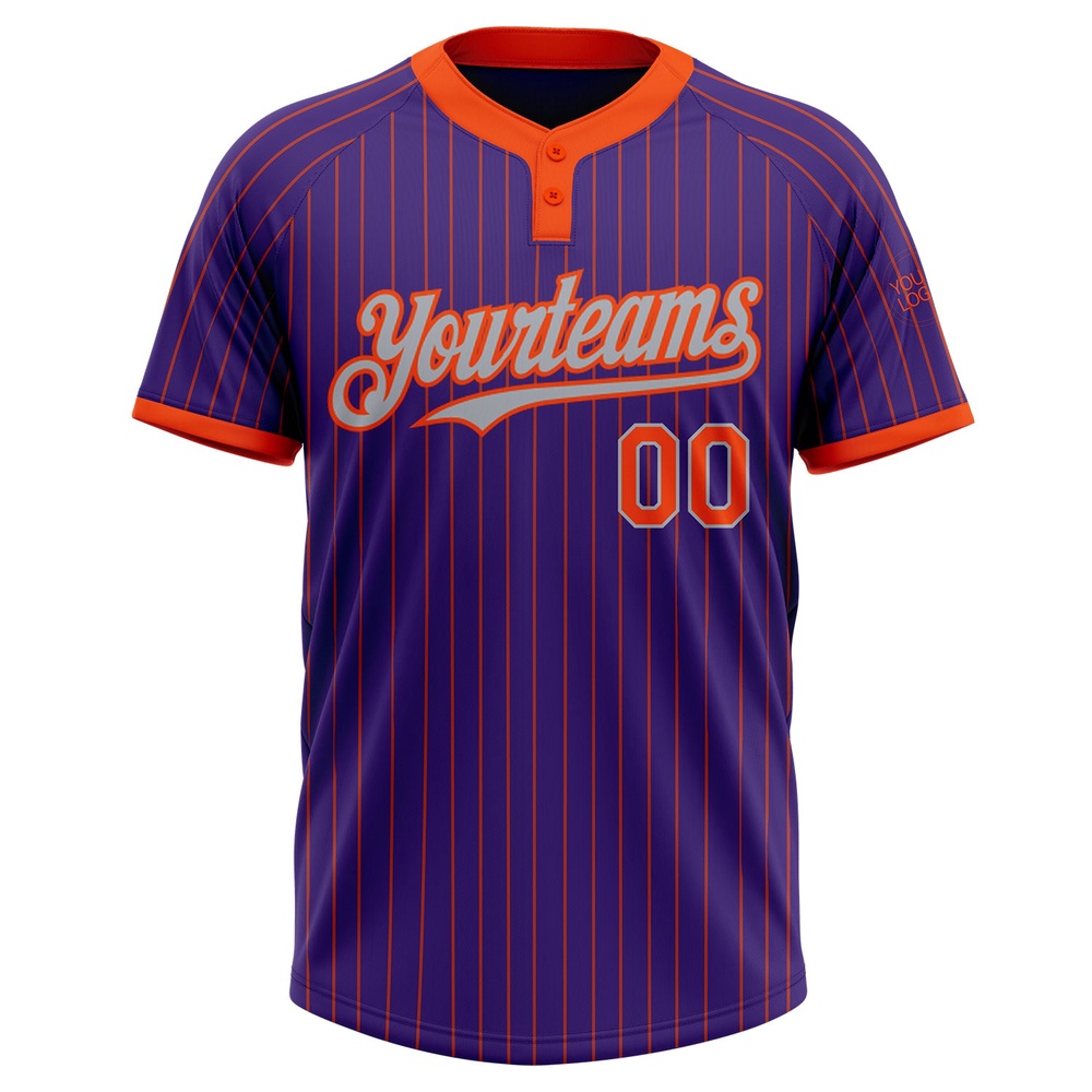Purple Orange Pinstripe Gray Two Button Unisex Softball Jersey, Custom Team Softball Jersey