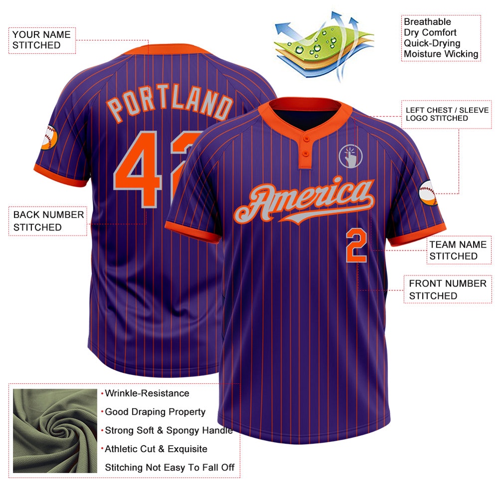 Purple Orange Pinstripe Gray Two Button Unisex Softball Jersey, Custom Team Softball Jersey