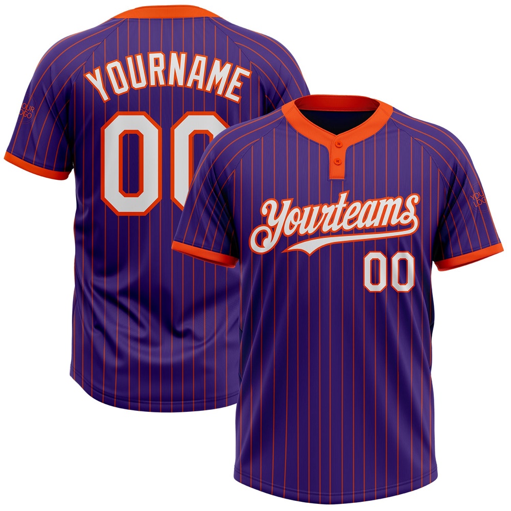 Purple Orange Pinstripe White Two Button Unisex Softball Jersey, Custom Team Softball Jersey