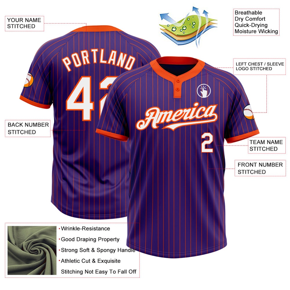 Purple Orange Pinstripe White Two Button Unisex Softball Jersey, Custom Team Softball Jersey