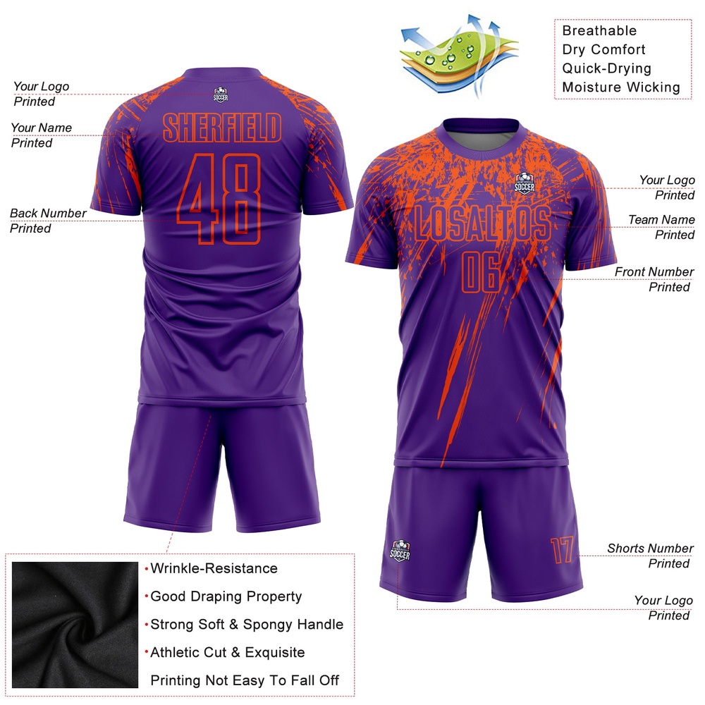 Purple Orange Sublimation Soccer Uniform Jersey, Custom Team Soccer Jersey Shirt