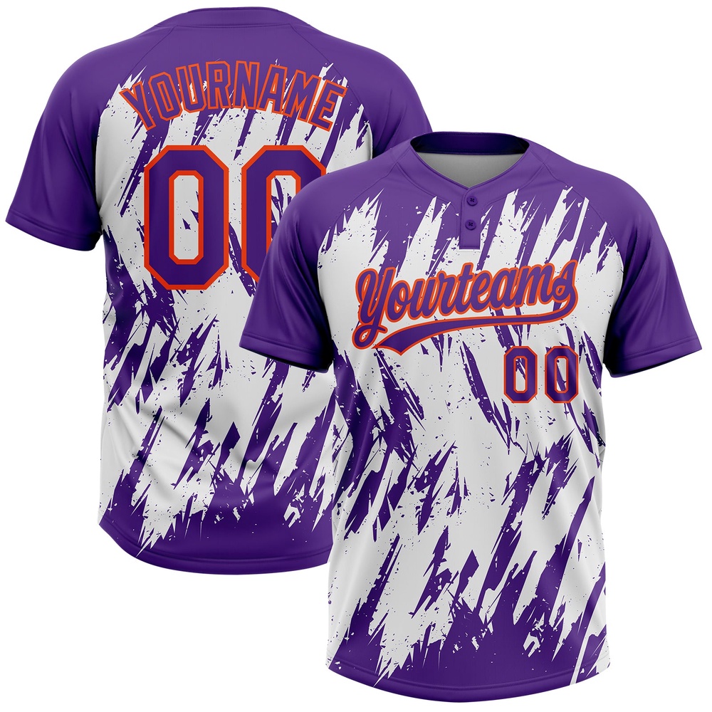 Purple Orange White 3D Pattern Abstract Sharp Shape Two Button Unisex Softball Jersey, Custom Team Softball Jersey