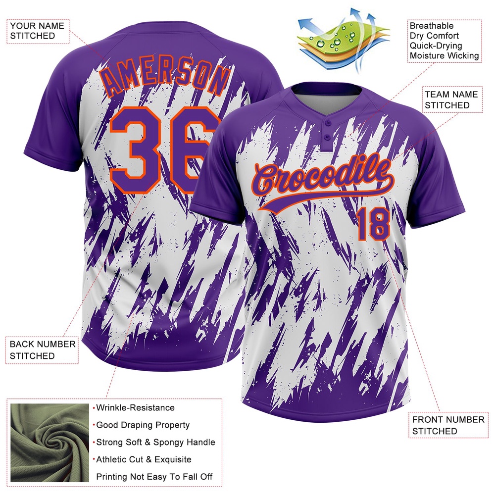 Purple Orange White 3D Pattern Abstract Sharp Shape Two Button Unisex Softball Jersey, Custom Team Softball Jersey