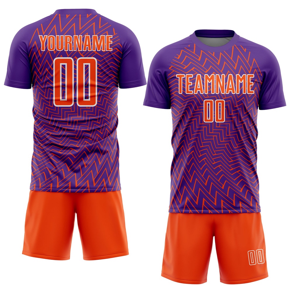 Purple Orange White Lines Sublimation Soccer Uniform Jersey, Custom Team Soccer Jersey Shirt