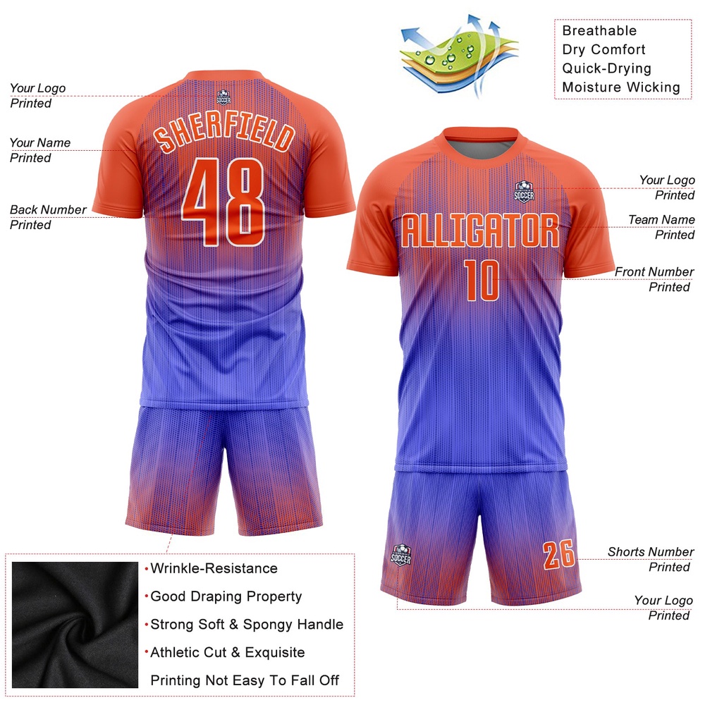 Purple Orange White Sublimation Soccer Uniform Jersey, Custom Team Soccer Jersey Shirt