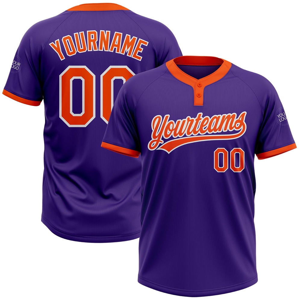 Purple Orange White Two Button Unisex Softball Jersey, Custom Team Softball Jersey