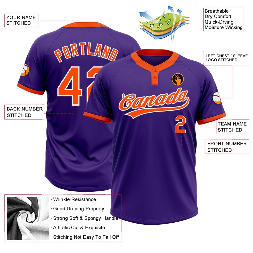 Purple Orange White Two Button Unisex Softball Jersey, Custom Team Softball Jersey