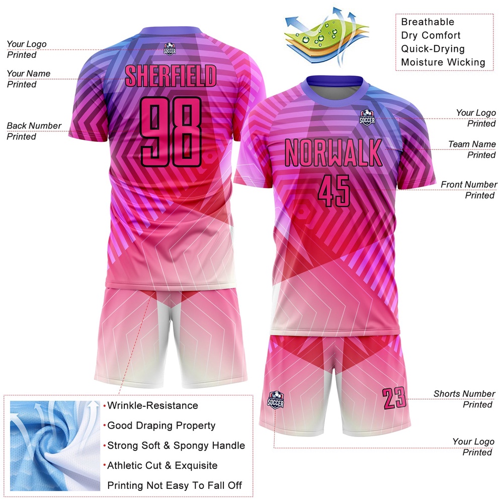 Purple Pink Black Geometric Shapes Sublimation Soccer Uniform Jersey, Custom Team Soccer Jersey Shirt