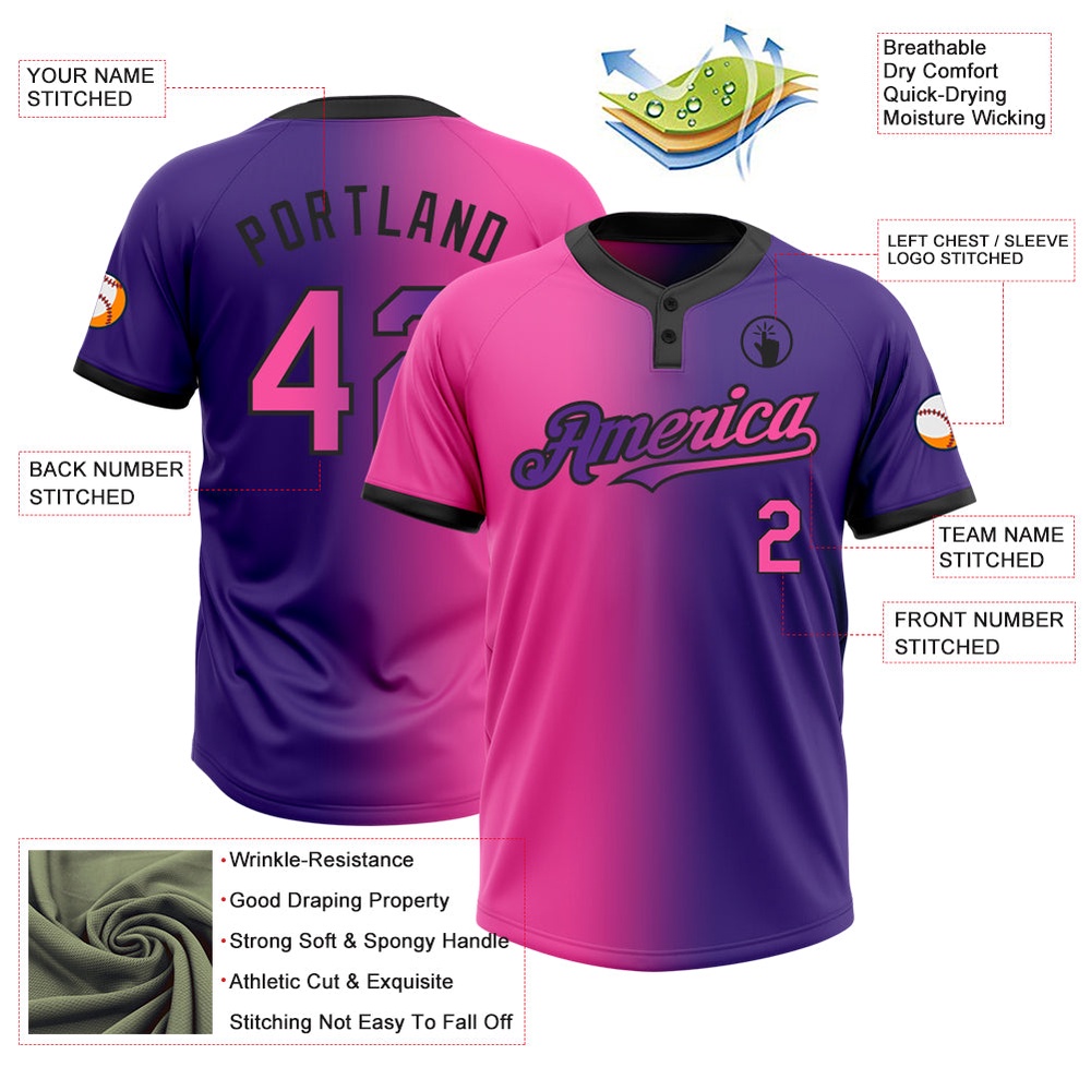 Purple Pink Black Gradient Fashion Two Button Unisex Softball Jersey, Custom Team Softball Jersey